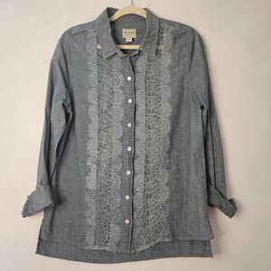 GUESS Chambray Denim Long Sleeve Buttom Down Sz M Shirt Women Sheer Panel